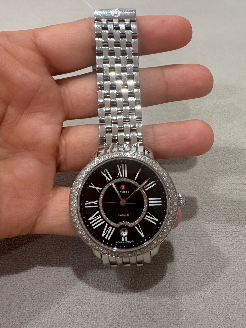 Michele Serein Collection Silver Bracelet Black MOP Dial Diamond Bezel Watch